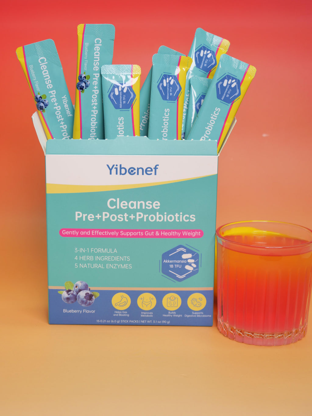 Yibenef 60B TFU+CFU 0 Sugar & Sodium Blueberry-Flavored Gut Saver 1 Stick has 8 Probiotics, 5 Prebiotics, Superfoods, Low Calories Digestive Enzymes No Bloating After Eating-Feel Great in 15 Days